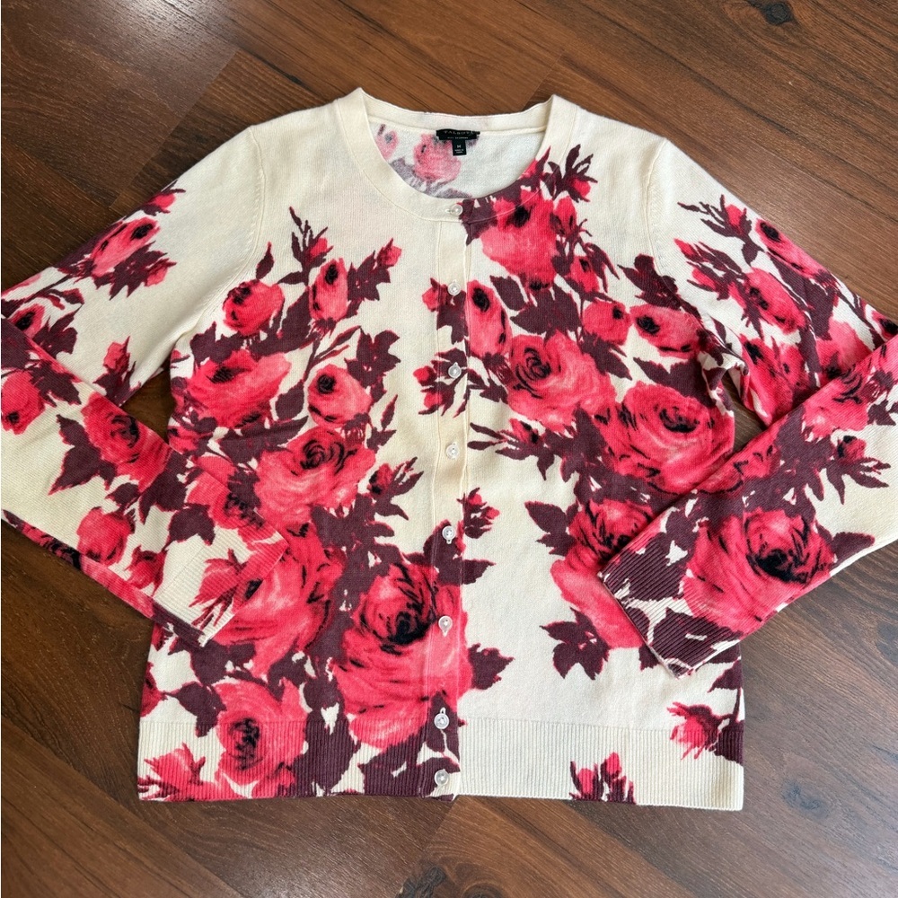 NWOT Talbots 100% Cashmere Cream Pink Roses Print Cardigan Sweater size M